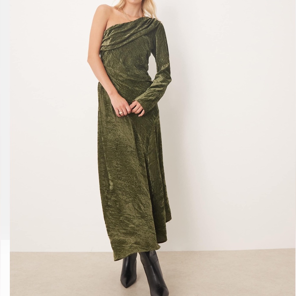 NWT ASOS Tall Velvet Olive Green One-Shoulder Dress